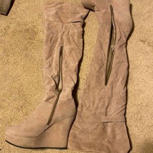Knee high suede wedge boots